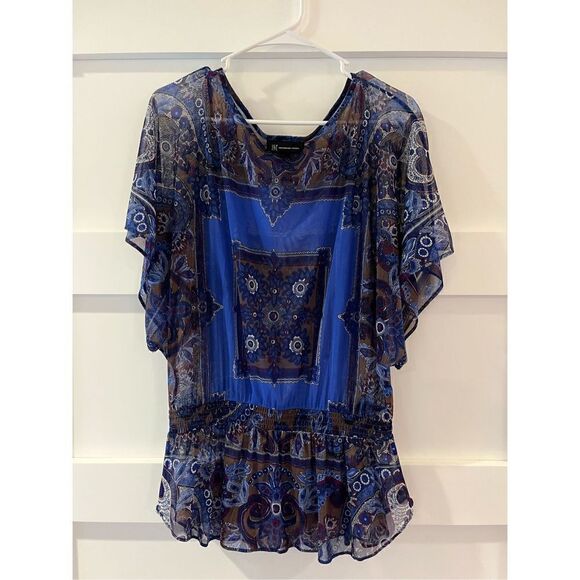 Inc International concepts Sheer bright blue blouse with boho pattern and elasti - Picture 1 of 11